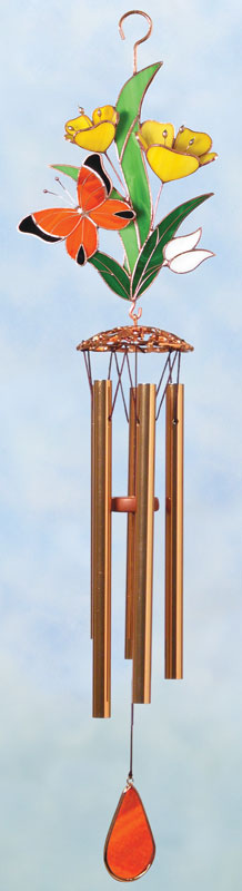 Gallery Art Glass Butterfly and Flowers - Orange - Lg Wind Chimes