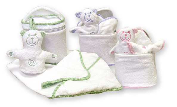 Trend Lab 100008 OVAL BATH BAG - PINK TRIM - PLUS HOODED TOWEL MITT AND WASH CLOTH - TERRY VELOUR