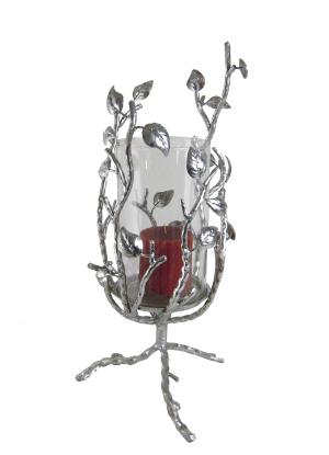 Danya B. DS148 Large Silver Hurricane with Leaf Accents and Glass Vase