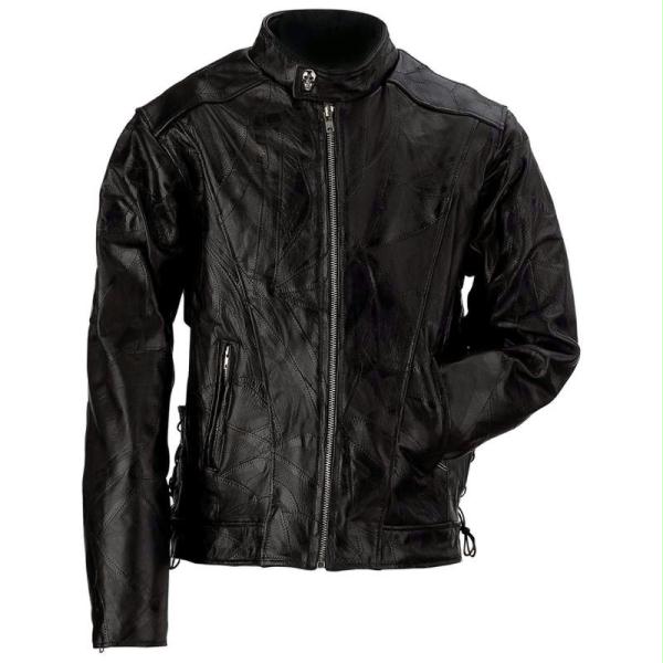 Genuine Buffalo Leather Motorcycle Jacket with Skull and Crossbones Embroidered Patch - Large