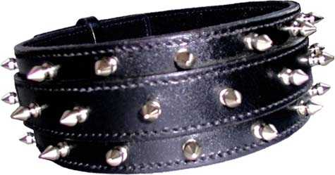 102a 28 X 2.5 Spike Leather Dog Collar- 3 Rows Of Spikes- Black Leather