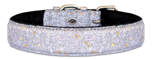 Silver Glitter Bling Leather Dog Collar