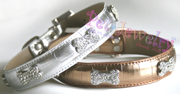 Pet Jewelry Beverly Hills sg18 Dog Collar And Leash Set- 18-Inch Swarovski Crystal Bone Dog Collars and Leash Set- Antique Gold