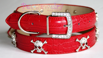 Pet Jewelry Beverly Hills ssr20 Dog Collar And Leash Set- 20-Inch Swarovski Crystal Skull Dog Collars and Leash Set- Red