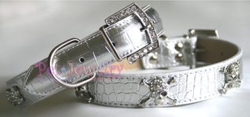 Pet Jewelry Beverly Hills sss16 Dog Collar And Leash Set- 16-Inch Swarovski Crystal Skull Dog Collars and Leash Set- Silver