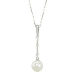 14K White Gold Diamond and Bar Drop White Pearl Pendant