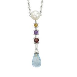 14K White Gold Multiple Color Gemstones and Drop Diamond Pendant and Chain