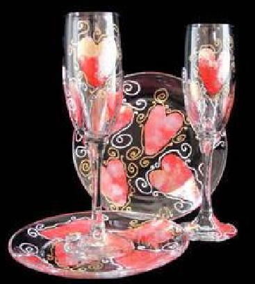 Bellissimo WFPS-0196 Hand Painted Valentine Treasure Design 6 oz. Toasting Flutes with 7 Inch Cake Plates - Set of 2 Each