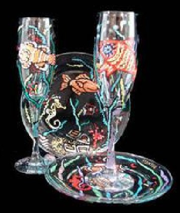 Bellissimo WFPS-0997 Hand Painted Fantasy Fish Design 6 oz. Toasting Flutes with 7 Inch Cake Plates - Set of 2 Each