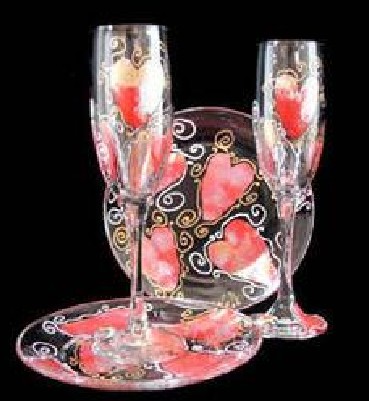 Bellissimo WFPS-1001 Hand Painted Hearts of Fire Design 6 oz. Toasting Flutes with 7 Inch Cake Plates - Set of 2 Each