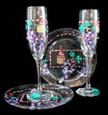 Bellissimo WFPS-1007 Hand Painted Wine Festival Design 6 oz. Toasting Flutes with 7 Inch Cake Plates - Set of 2 Each