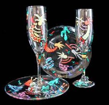 Bellissimo WFPS-1102 Hand Painted Chilies and Kokopelli Design 6 oz. Toasting Flutes with 7 Inch Cake Plates - Set of 2 Each
