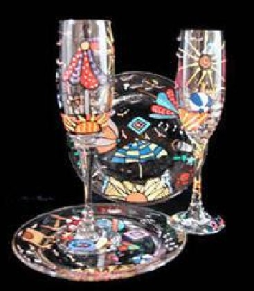 Bellissimo WFPS-1202 Hand Painted Beach Party Design 6 oz. Toasting Flutes with 7 Inch Cake Plates - Set of 2 Each