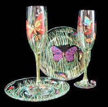 Bellissimo WFPS-1400 Hand Painted Butterfly Meadow Design 6 oz. Toasting Flutes with 7 Inch Cake Plates - Set of 2 Each