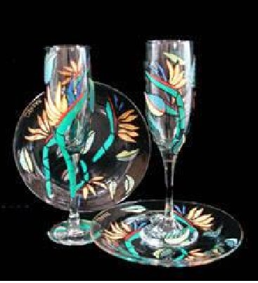 Bellissimo WFPS-2003 Hand Painted Bird of Paradise Design 6 oz. Toasting Flutes with 7 Inch Cake Plates - Set of 2 Each