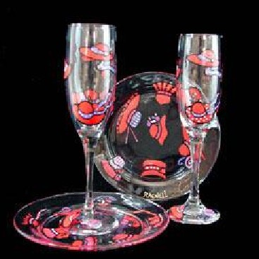 Bellissimo WFPS-2006 Hand Painted Red Hat Dazzle Design 6 oz. Toasting Flutes with 7 Inch Cake Plates - Set of 2 Each