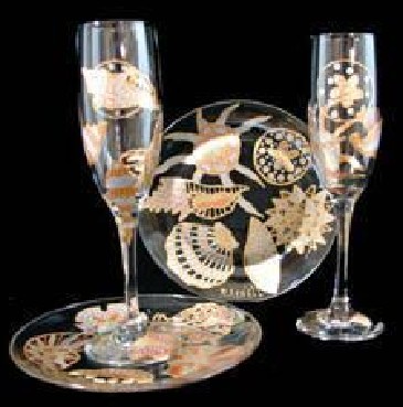 Bellissimo WFPS-2303 Hand Painted Sea Shell Shimmer Design 6 oz. Toasting Flutes with 7 Inch Cake Plates - Set of 2 Each