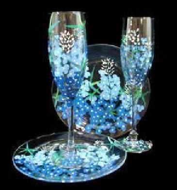 Bellissimo WFPS-3005 Hand Painted Texas Bluebonnets Design 6 oz. Toasting Flutes with 7 Inch Cake Plates - Set of 2 Each