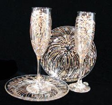 Bellissimo WFPS-3097 Hand Painted Fireworks Design 6 oz. Toasting Flutes with 7 Inch Cake Plates - Set of 2 Each