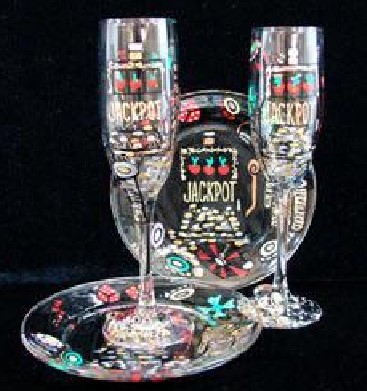 Bellissimo WFPS-3297 Hand Painted Casino Magic Slots Design 6 oz. Toasting Flutes with 7 Inch Cake Plates - Set of 2 Each