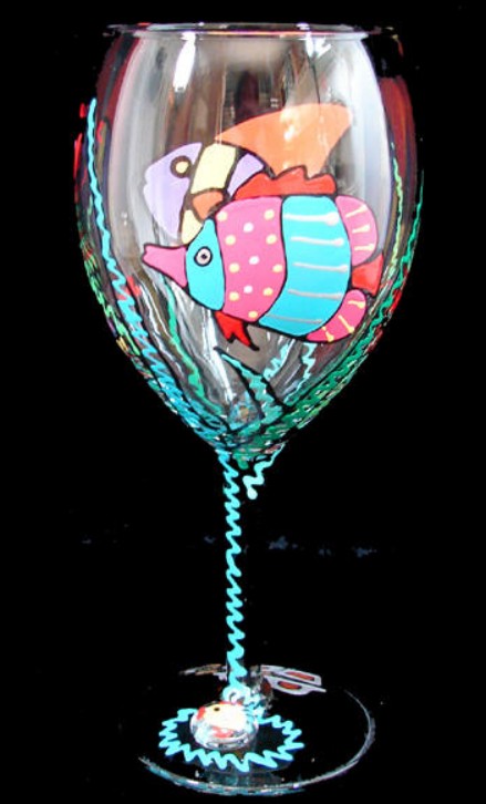 Bellissimo GW-0997-STEM Hand Painted Fantasy Fish Design Grande 16 oz. Wine Glass
