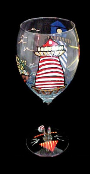 Bellissimo GW-1101-STEM Hand Painted Lively Lighthouses Design Grande 16 oz. Wine Glass