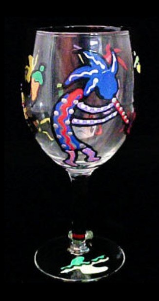 Bellissimo GW-1102-STEM Hand Painted Chilies and Kokopelli Design Grande 16 oz. Wine Glass