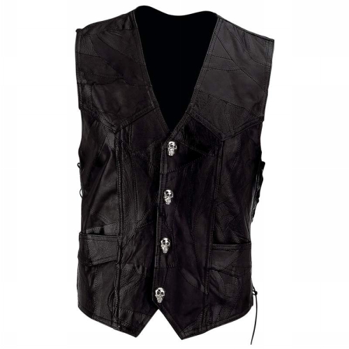 Diamond Plate GFVSCB2X Diamond Plate Mens Black Buffalo Leather Motorcycle Vest with Skull Patch - Size 2X