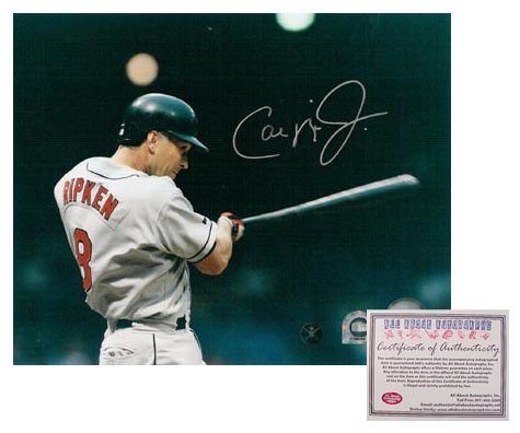 All About Autographs AAA-75362 Cal Ripken Jr Baltimore Orioles MLB Hand Signed 8x10 Photograph Black Background