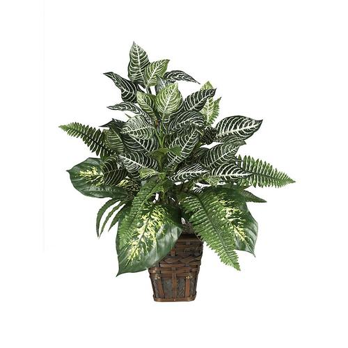 Nearly Natural 6528 Mixed Greens Zebra with Wicker Silk Plant