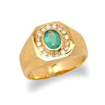 14K Yellow Gold Mens Emerald and Diamond Ring Size 9