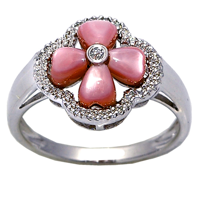 14K White Gold Diamond and Pink Mother of Pearl Ring Size 7.5