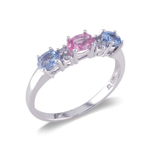14K White Gold Three Stone Diamond and MultiColor Gemstone Ring Size 7