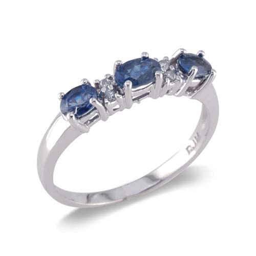 JewelryCastle 3-1103-WGR-7 .5 14K White Gold Three Stone Diamond and Sapphire Ring Size 7.5
