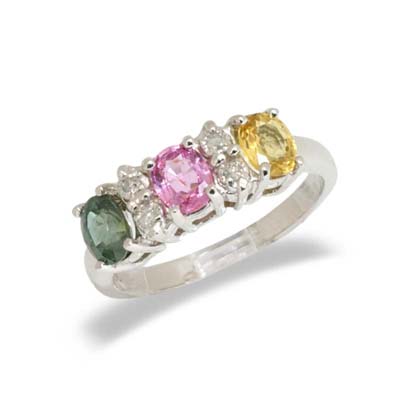 14K White Gold Three Stone Diamond and Multi Gemstone Ring Size 7.5