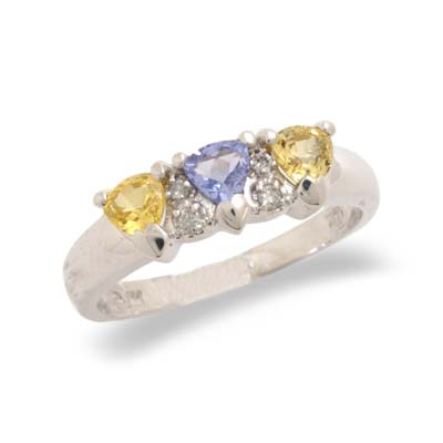 14K White Gold Trillion Cut Yellow Sapphire and Tanzanite and Diamond Ring Size 7