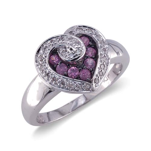 14K White Gold Heart Shaped Diamond and Pink Sapphire Ring Size 8