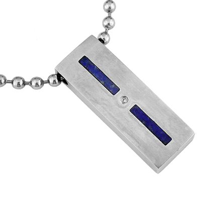 Mens Stainless Steel Diamond and Lapis Necklace