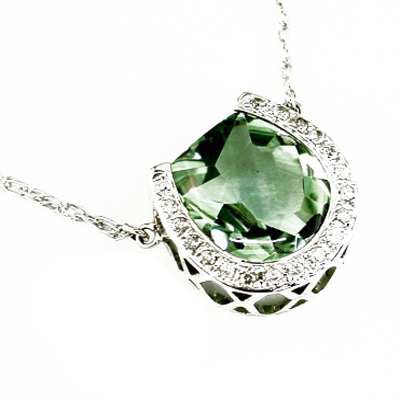 14K White Gold Diamond and Green Amethyst Horseshoe Necklace