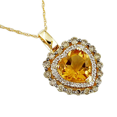 14K Yellow Gold Diamond and Brown Daimond Heart Shaped Citrine Necklace