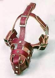 No bite muzzle, leather, adjustable muzzle, attaches to collar