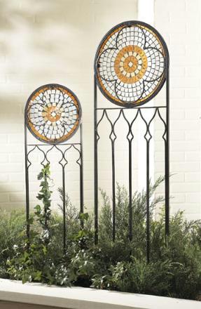 Arbors & Screens CBK 37159 Trellises with Stained Amber Glass Medallion - Dark Brown Finish Set of 2 CB37159