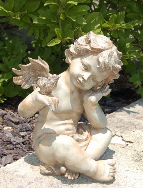 Lady Bug 80299PTH Winged Cherub With Bird Garden Statue - Parthenon Finish
