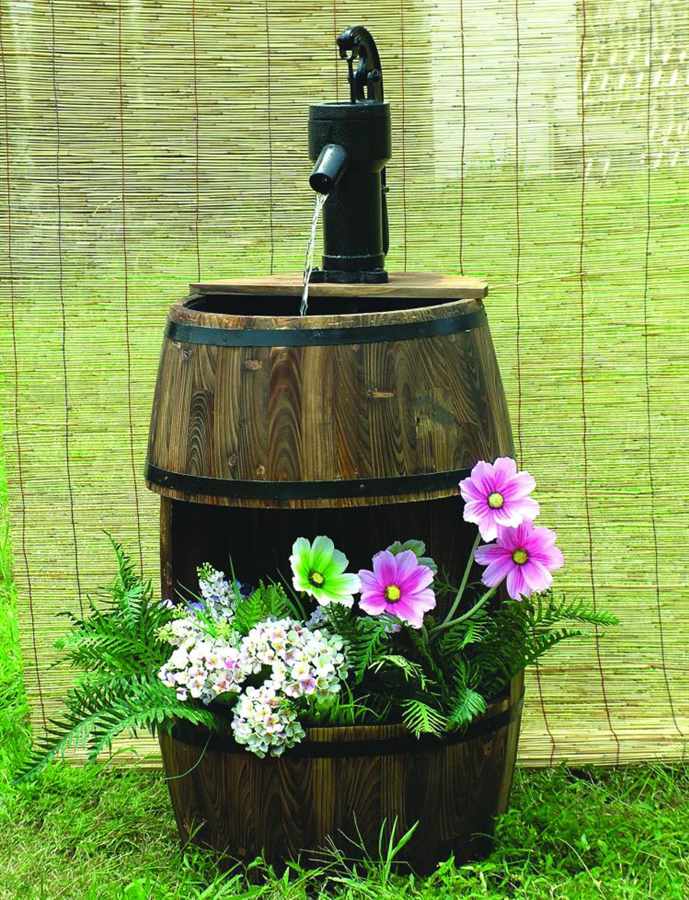 Creative Motion 11411 Wooden Barrel Shape Fountain With Decor plus Planter