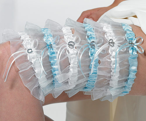 Weddingstar 8507 Bridal Garter with Blue Crystal Double Hearts Charm Blue