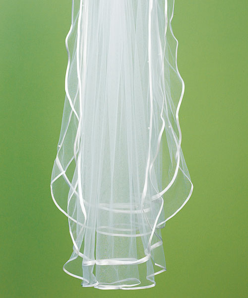 Weddingstar 8229 Double Border of Satin Ribbon & Pearls Veil- Ivory