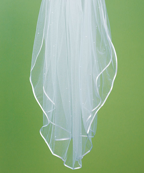 Weddingstar 8231 Satin Ribbon Edge Scattered Pearl Border Veil Ivory