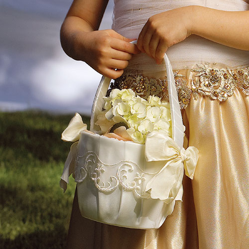 Weddingstar 882479 Flower Girl Basket with Embroidered Sheer Trim Bows Ivory