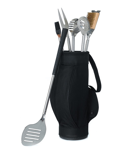 Grilling Sifts: 5 Piece BBQ Tools in Black Golf Bag and Golf Grips