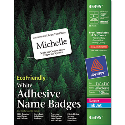 Avery 45395 Self-adhesive name badge labels 100 Percent recycled 3 3/8 x 2 1/3 white 400/box